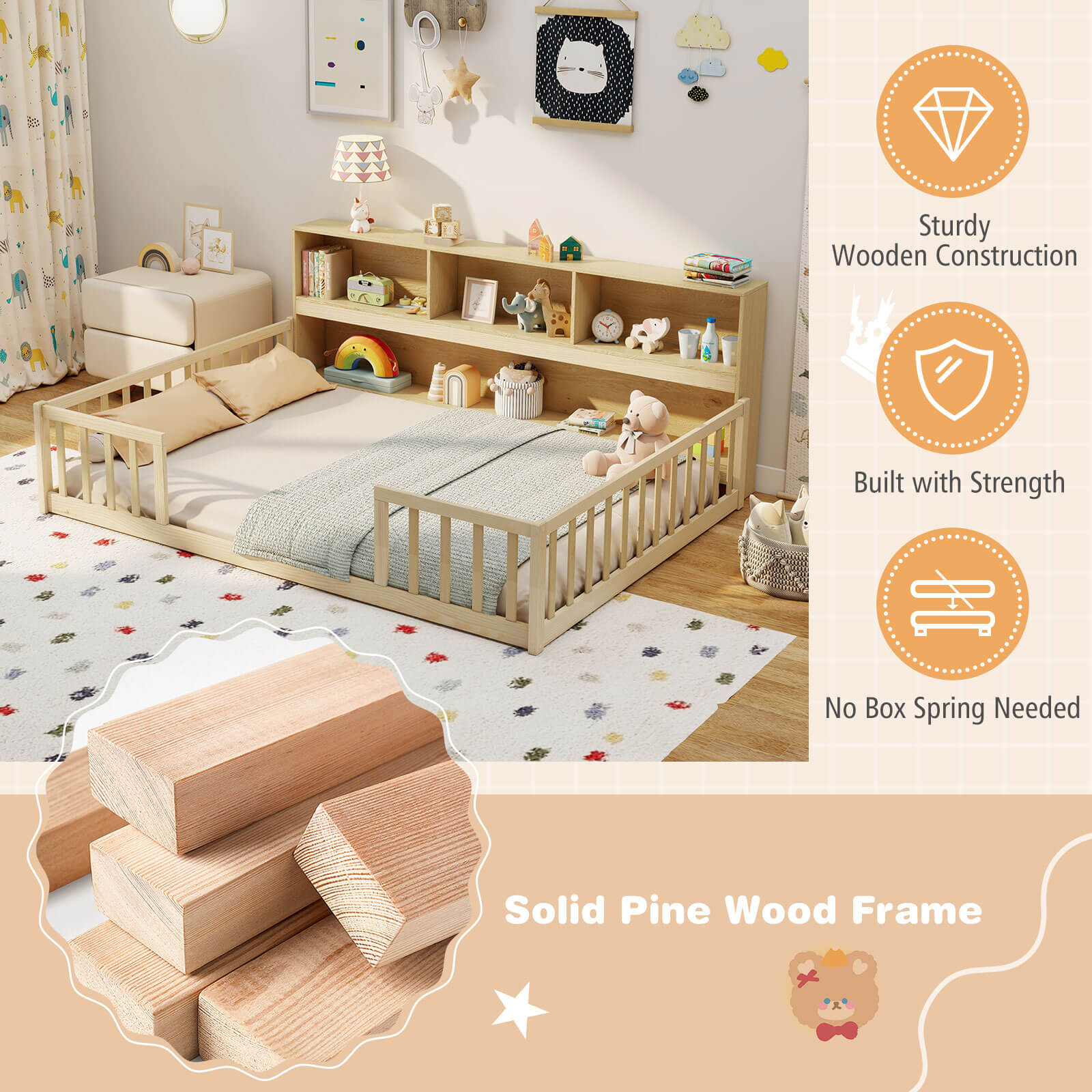 Costway Full Size Montessori Floor Bed with Bookcase Storage Shelves & Safety Fence Rails Natural
