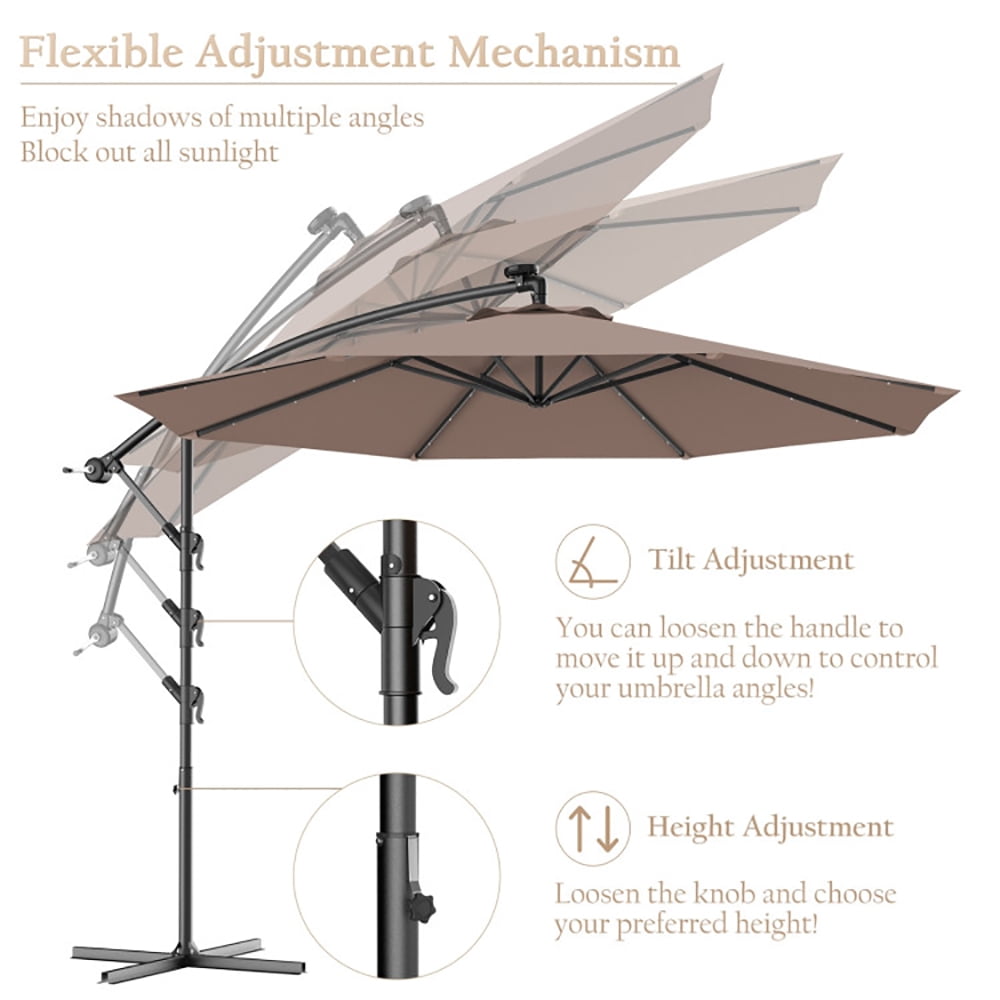 Aimee Lii 10 Feet Patio Hanging Solar LED Umbrella Sun Shade with Cross Base, Table Umbrella Outdoor Patio, Tan