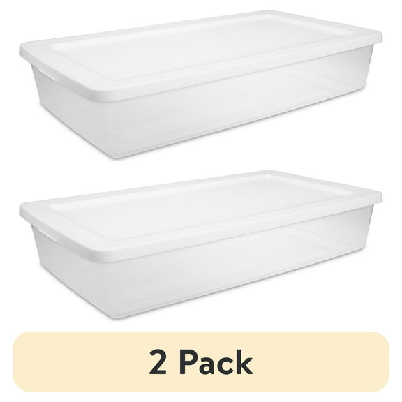 (2 pack) Sterilite Storage Bin, 41 Quart Clear Plastic Storage Container with Snap-on Lid, White