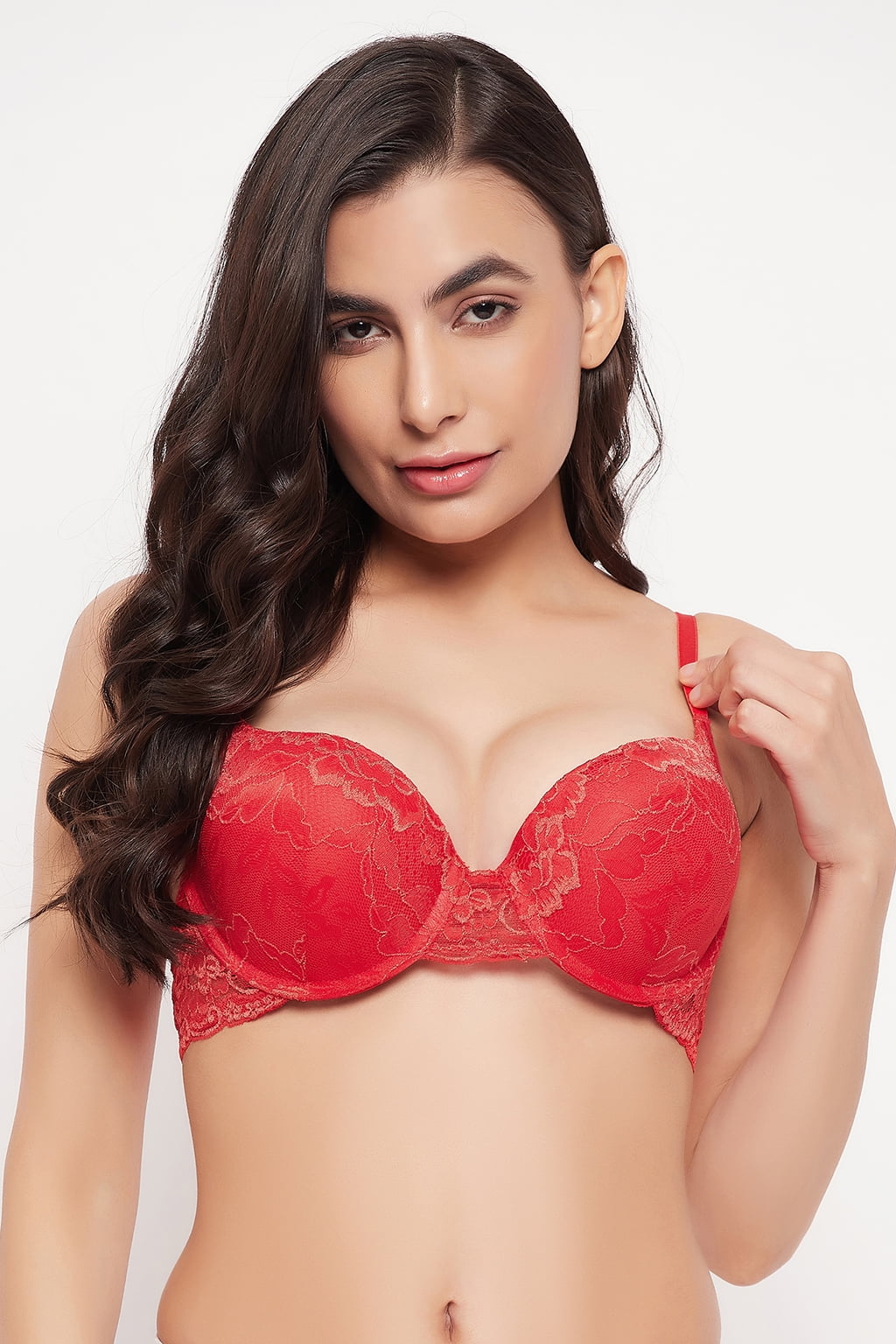 Clovia Level-3 Push-Up Padded Underwired Demi Cup Bra in Red - Lace 
