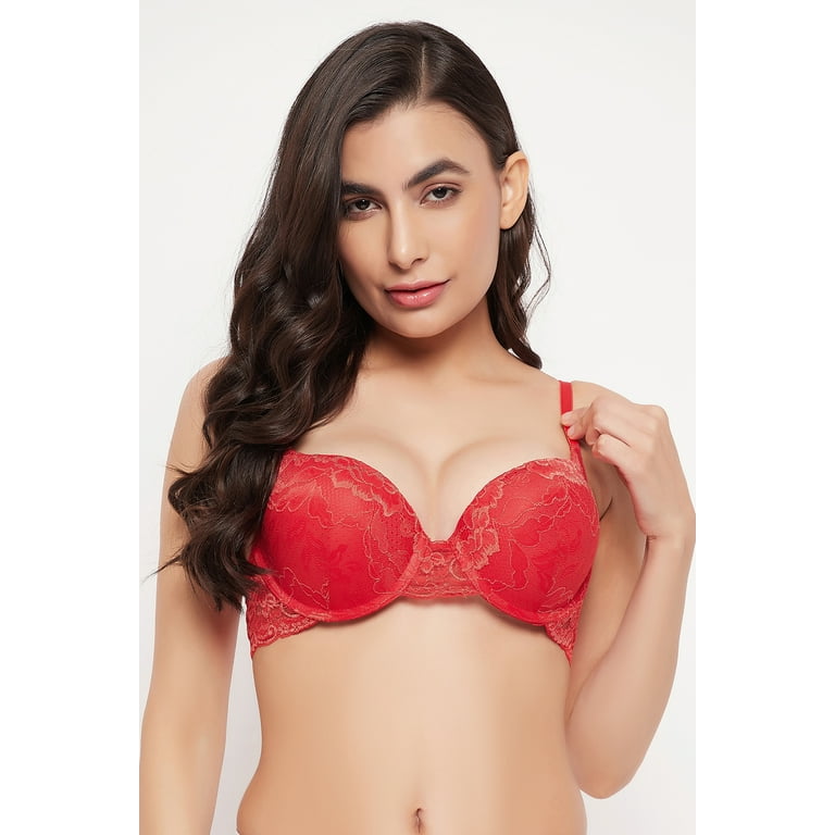Clovia Level-3 Push-Up Padded Underwired Demi Cup Bra in Red - Lace