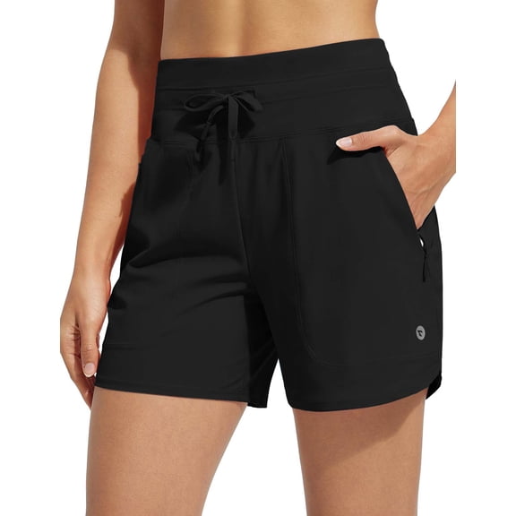BALEAF Women's Swim Board Shorts High Waisted Quick Dry UPF 50 Modest Swimsuits 2025 Swimming Bottoms with Boxer Liner Zipper Pockets Black L
