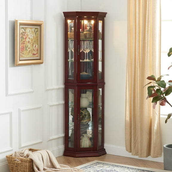 Newboti Corner Curio Cabinet with Lights, Adjustable Tempered Glass Shelves, Mirrored Back, Display Cabinet,Cherry (E26 light bulb not included) 572526999910021