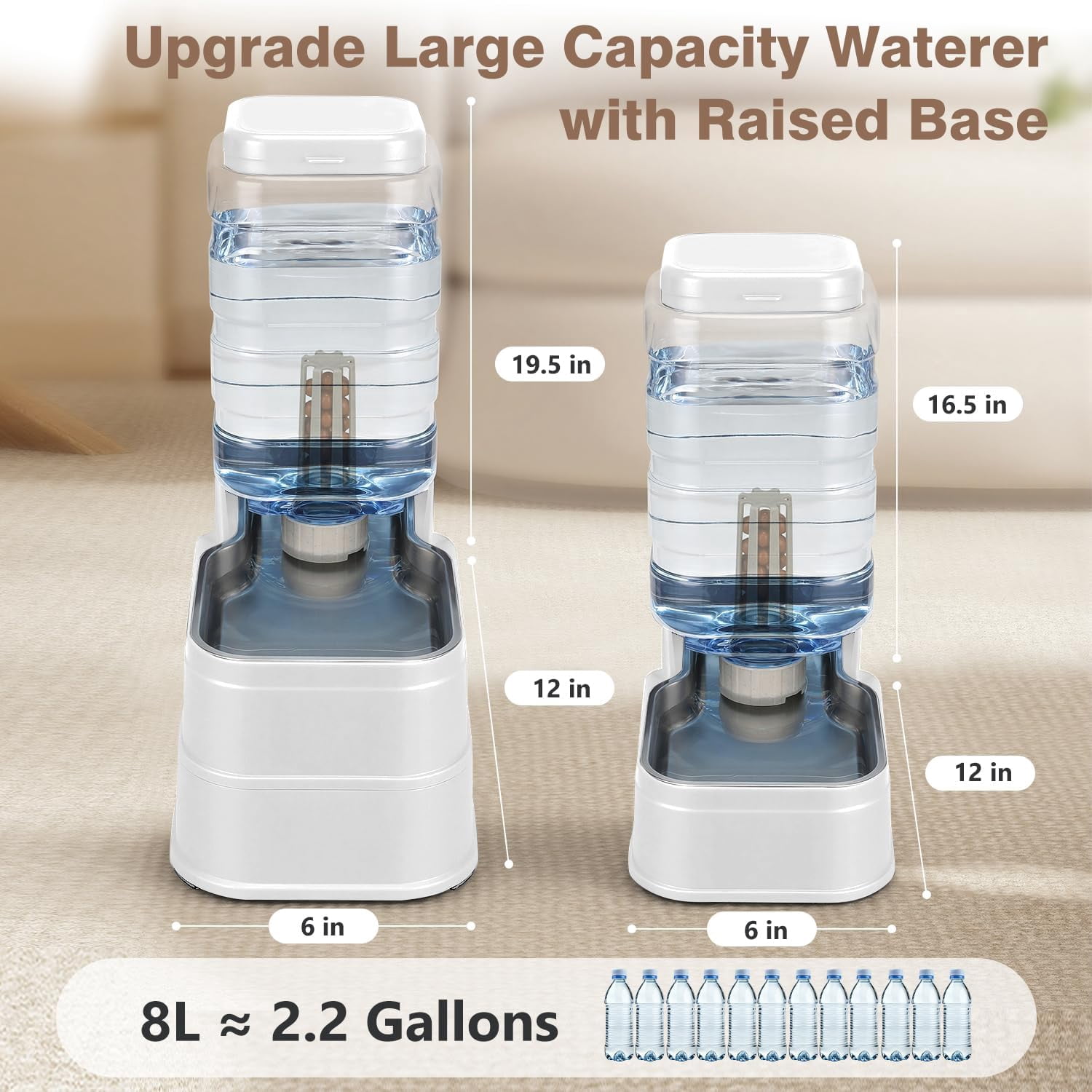 1.6 Gallon Pet Automatic Dog Water Dispenser Cat Gravity Waterer Feeder with Stainless Steel Bowl Large Capacity Puppy Feeding Raised Bowls with Filter,Ice Pack