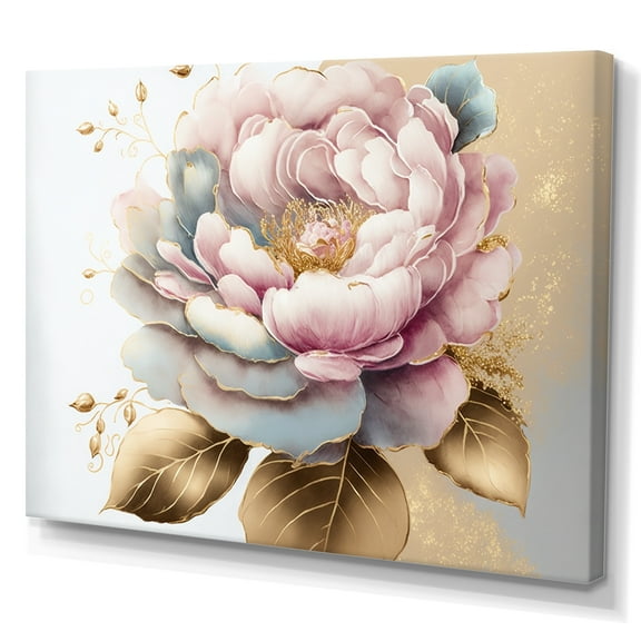 Designart Pink And Gold Camellia Flower I Canvas Wall Art