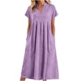 thumbnail image 3 of justHIGH Robe Midi en Coton et Lin pour Femme 2026 Été à Manches Courtes Décontractée Robes Plissées Ligne A Robe de Plage avec Poches Violet,G, 3 of 7
