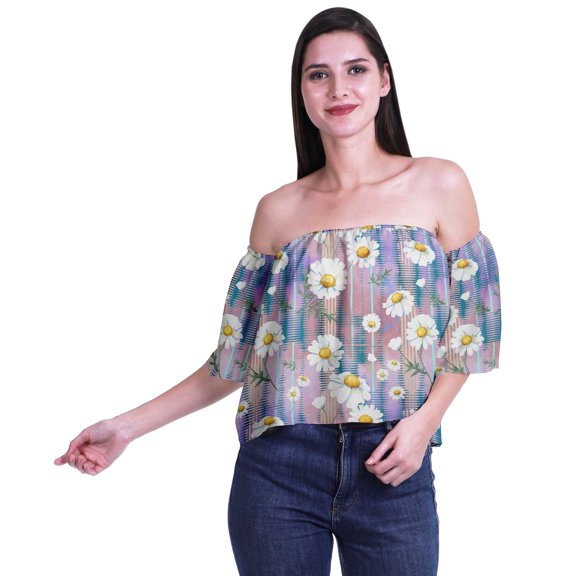 Moomaya Womens Printed Off The Shoulder Crop Top Flounce Sleeve Summer Clothing Boho Blouse