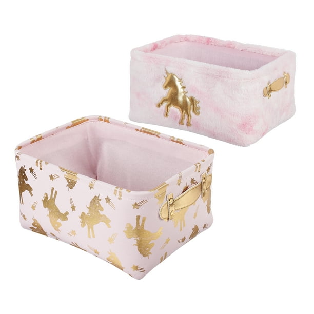 Your Zone Large and Medium Faux Fur and Canvas Unicorn Rectangle Tote Bins, Set of 2
