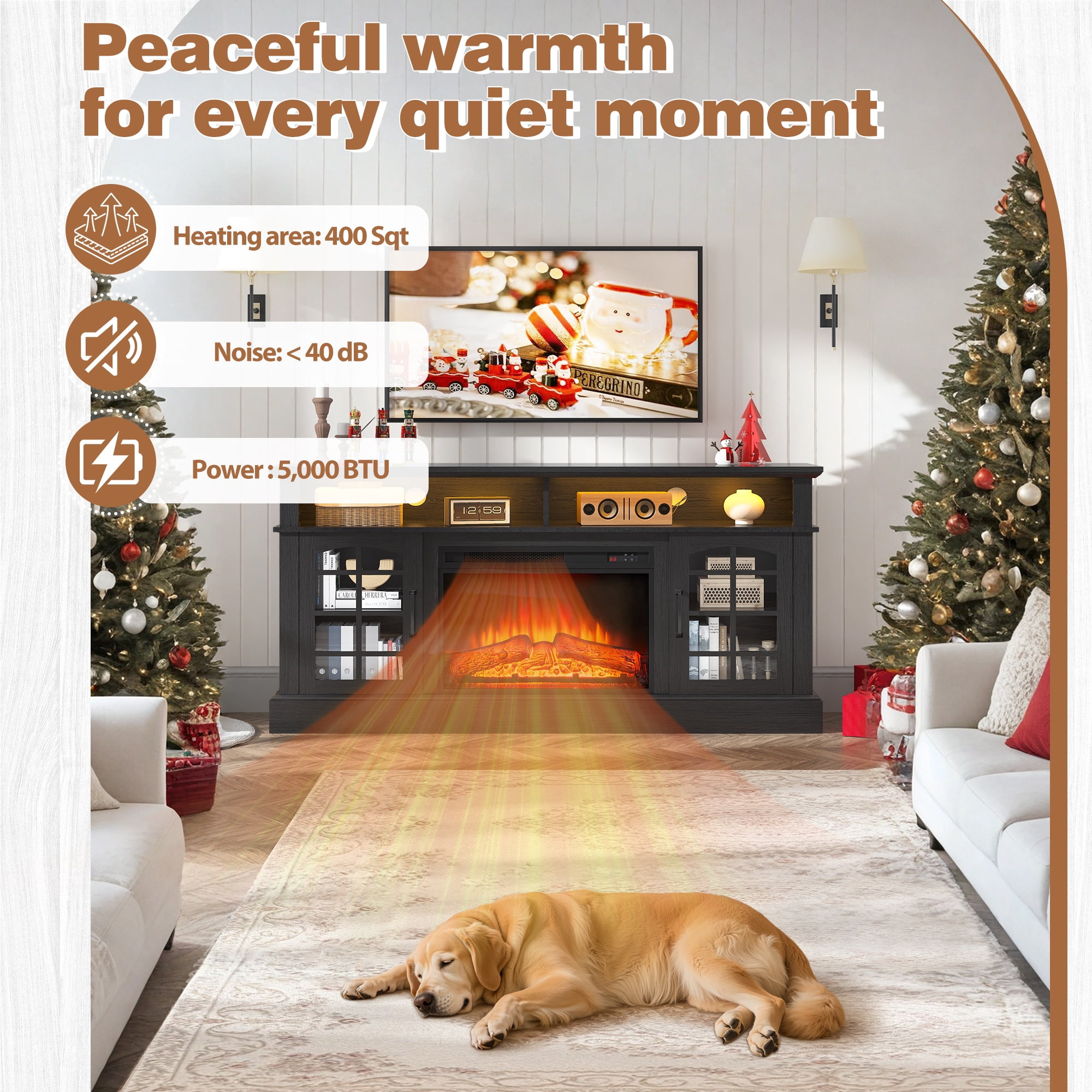 Paproos Fireplace TV Stand for 65 inch TV with LED Lights, 32.0in Tall TV Stand with 23'' Electric Fireplace, Entertainment Center for Living Room, 400 Sqt Heating Area,Black Tabletop&Black Cabinets