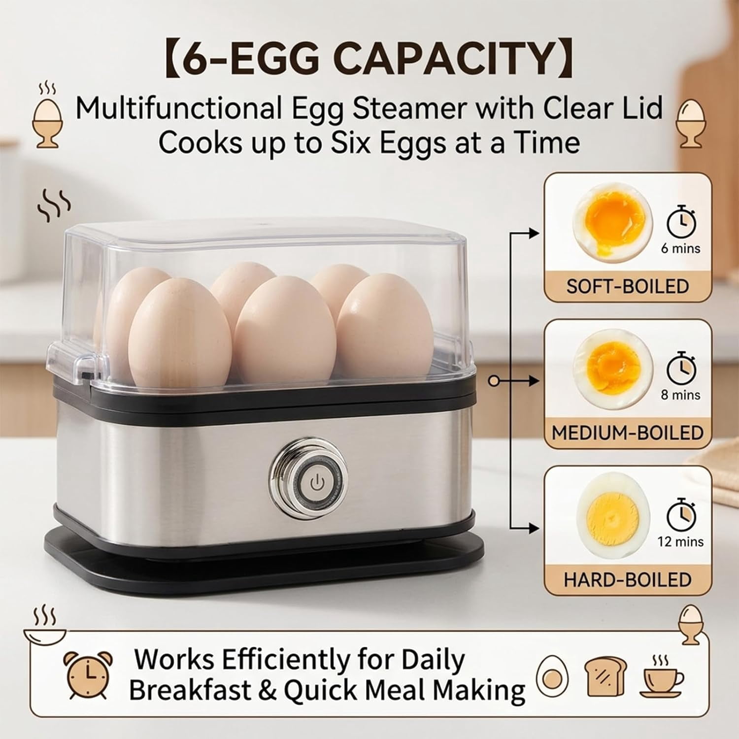 Multifunctional Egg Steamer with Clear Lid, Compact 6 egg Electric Cooker, for Soft, Medium, Hard Boiled,Dorms & Fitness Meal Prep