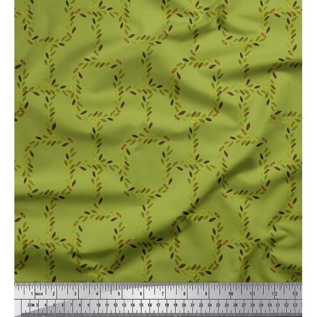 Soimoi Green Modal Satin Fabric Leaves & Geometric Decor Fabric Printed Yard 42 Inch Wide