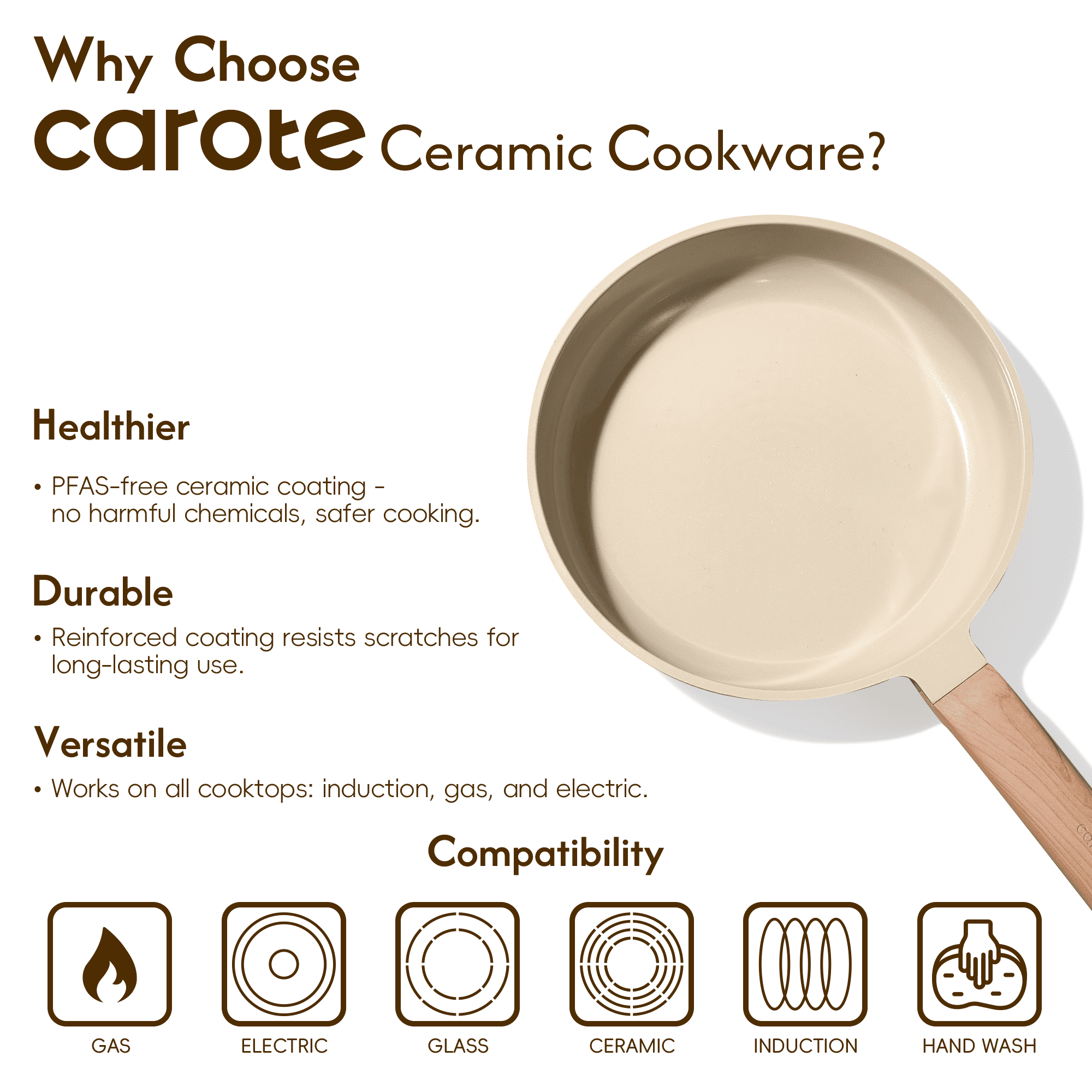 Carote 11" Ceramic Nonstick Frying Pan, Cooking Skillet with Bakelite Handle, Induction Compatible, Easy to Clean, Oatmeal