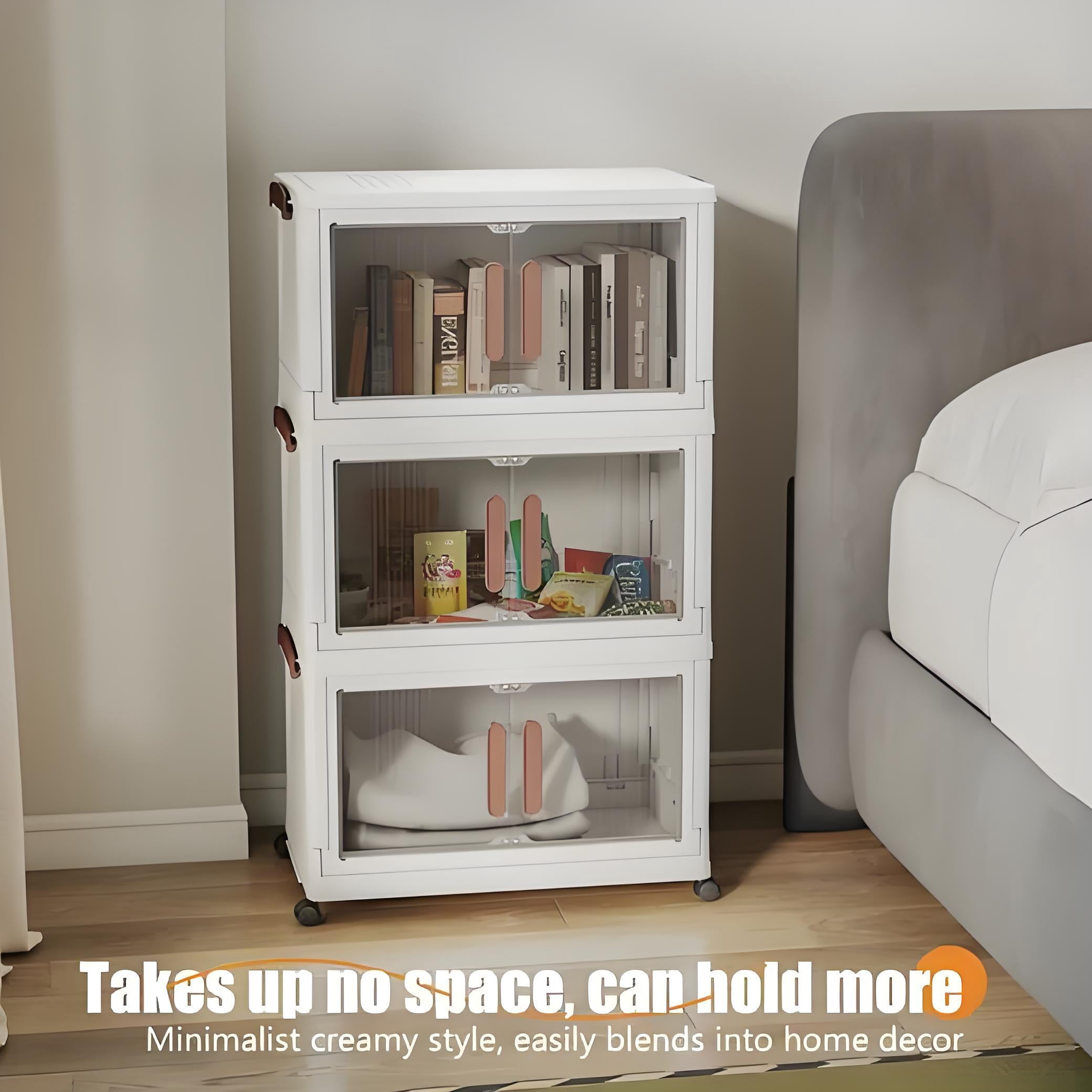 Howcool 4 Tier Stackable Storage Bins with Lids and Wheels, Foldable Storage Boxes with Rolling Casters, Closet, Living Room, Home Office
