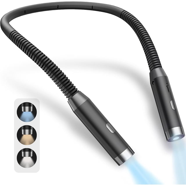 Luz de lectura de cuello LED, luces de libro para leer en la cama, 3 niveles de brillo, recargable, brazos de silicona suave y flexible, uso cómodo