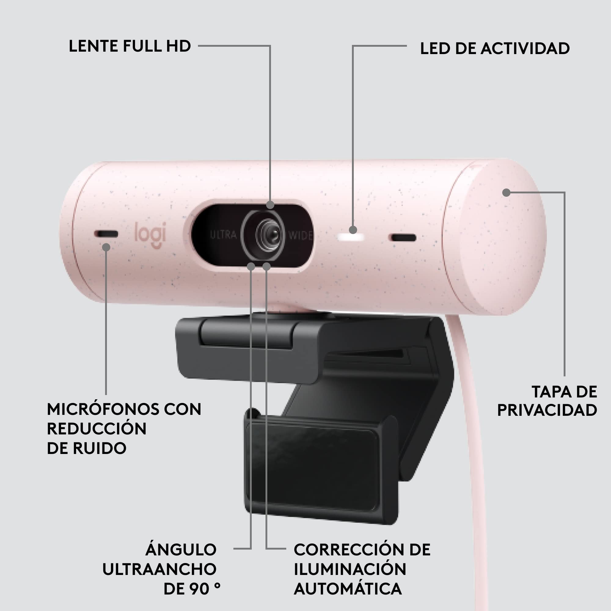 Logitech Brio 500 Full HD Webcam: Auto Light Correction, Auto-Framing, Viewing, Noise Reduction Mics, Privacy Webcam, for Microsoft Teams, Google Meet, Zoom - Pink