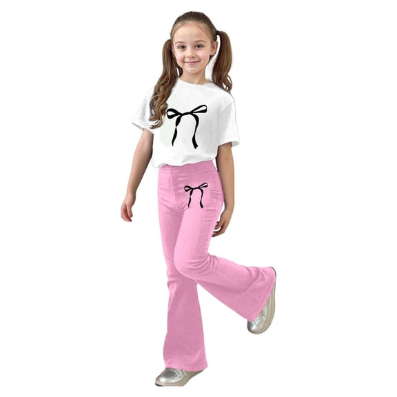XUELUO Big Girls 2-Piece Outfit Sets Short Sleeve Crewneck Bow Tops Flared Pants Summer Casual School Outdoor Cute Clothes