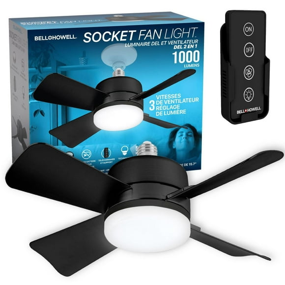 Bell + Howell Socket Fan Light Black 2-in-1 LED Bulb 1000 Lumens with Remote Control 3 Speeds 3 Cool Light Settings E26 Base