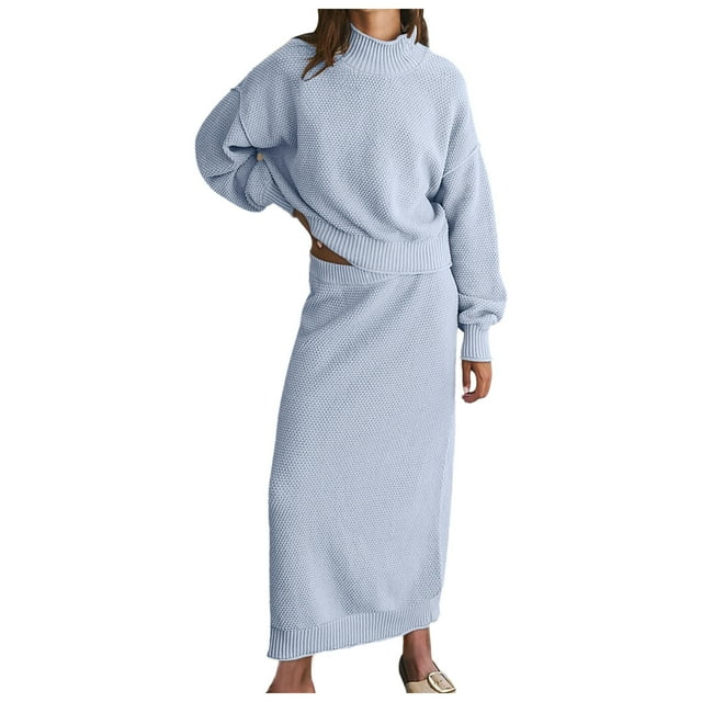 Ensemble Jupe Chandail 2 Pcs pour Femmes - Polyester, Col Montant, Manches Longues - S-TTG