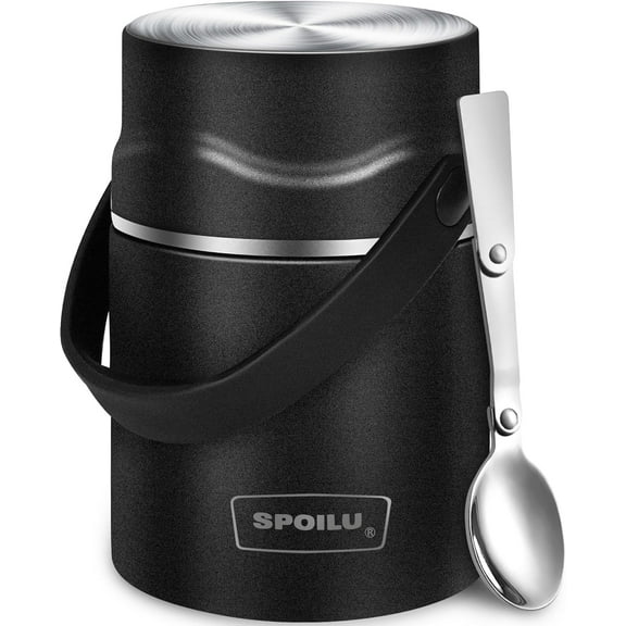 Thermo Food Jar - 21 Oz Insulated Container for Adults, 316 Stainless Steel Vacuum Insulated With Spoon, Leak Proof, Portable Hot Soup Jar, Black