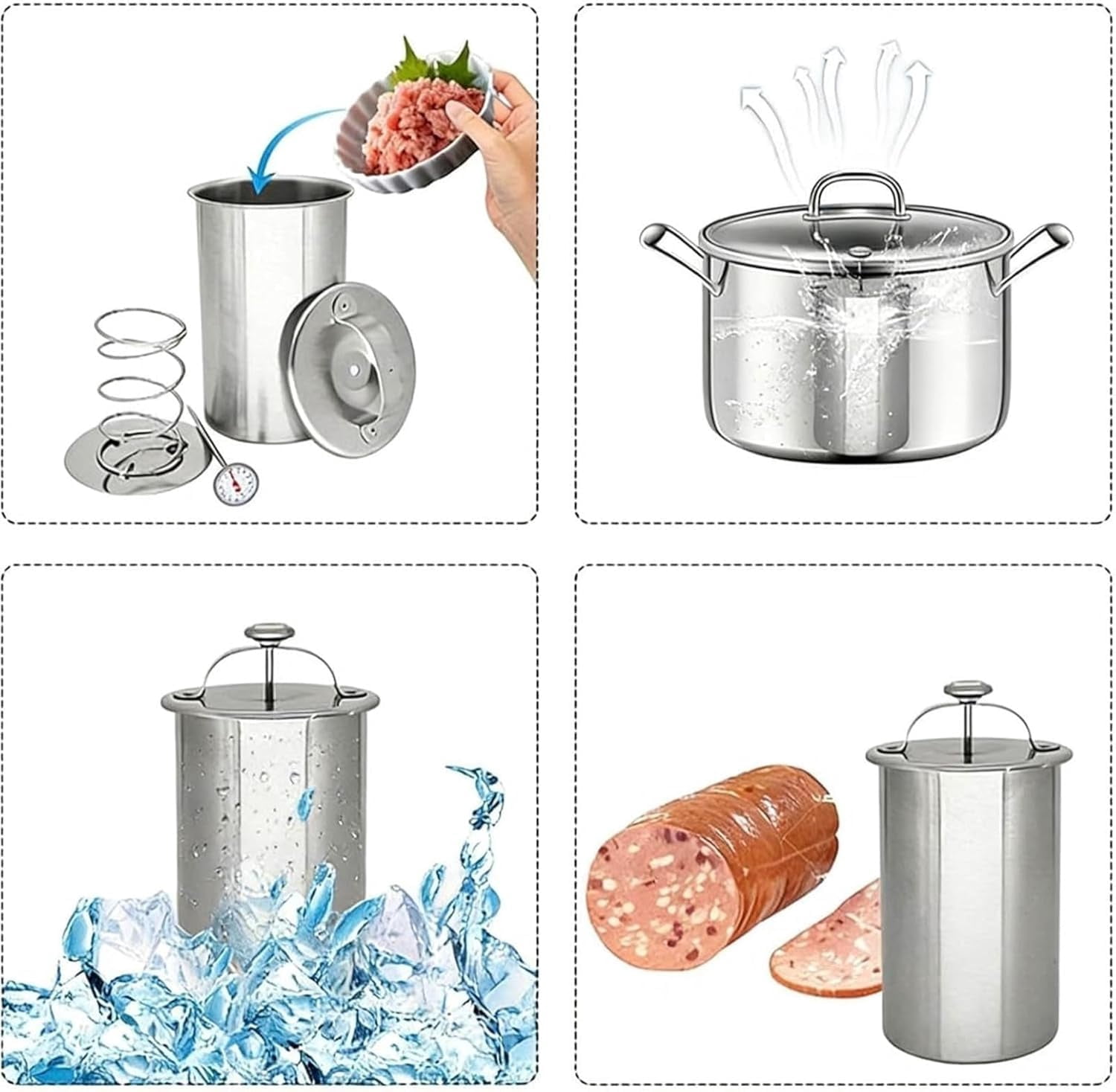 Stainless Steel Deli Meat Press with Thermometer & Spring - 2026 Upgraded Meat Press Mold for Deli Meats, Kitchen Bacon Pressure Cookers Boiler Pot Pan Stove