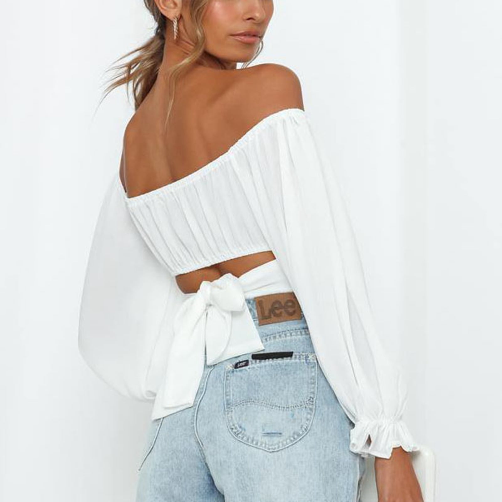 Puff Sleeve Tie Back Crop Top,Women Cute Off Shoulder Long Sleeve