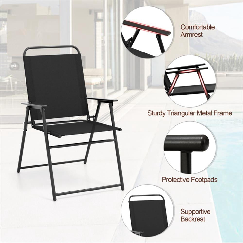 Topcobe Outdoor Folding Sling Chairs Set of 4 with Armrest and Backrest, Outdoor Patio Furniture for Garden Backyard Pool Deck-Black