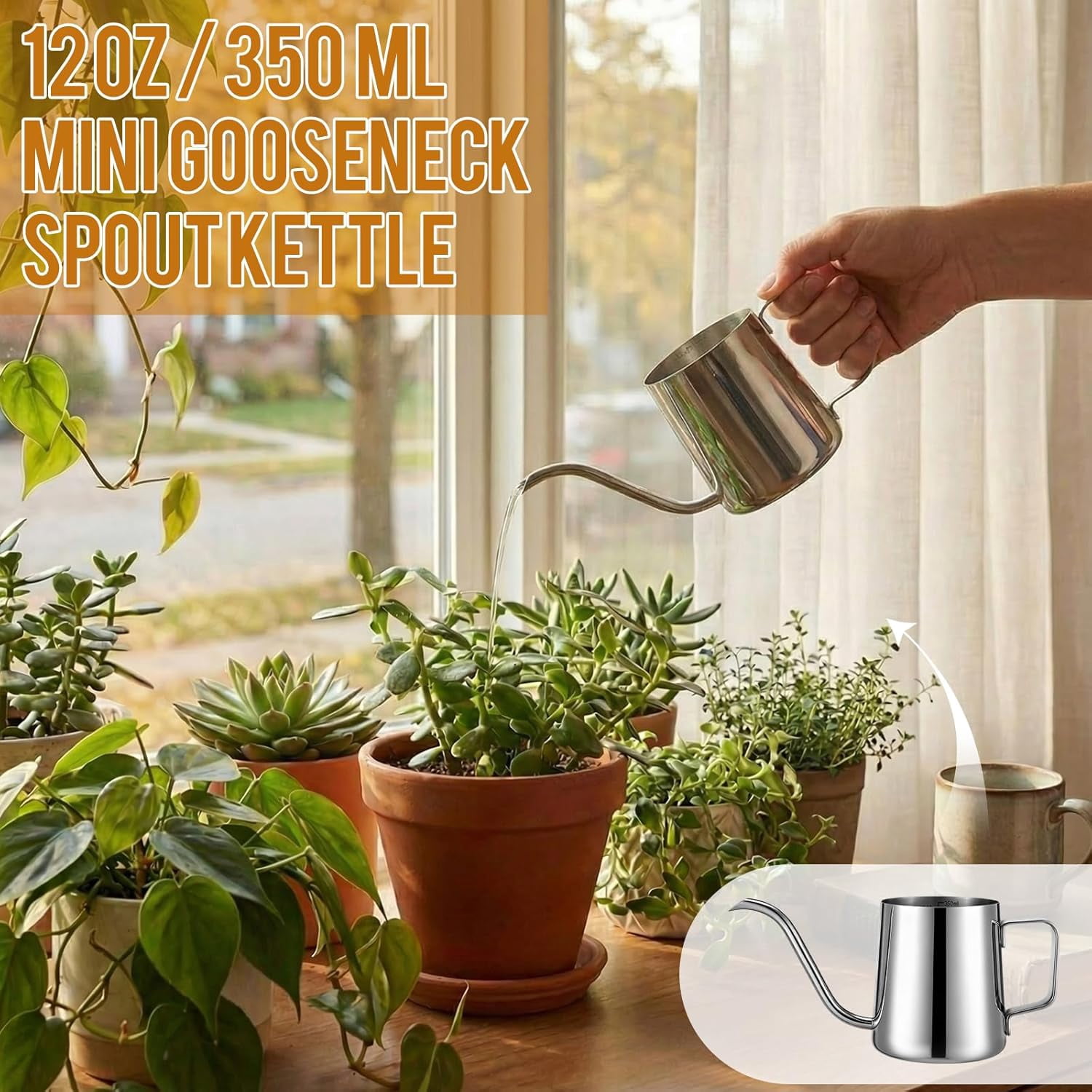 2 Pcs Small Watering Can for Indoor Plants, 12 Oz/350 ml Mini Plant Pot with Long Spout and Scale 304 Stainless Steel Tiny Watering-can Outdoor Plants Garden(Sliver)