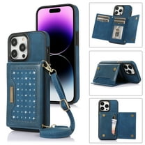 Nalacover Wallet Crossbody for iPhone 15 Pro Phone Case with Lanyard Strap Credit Card Holder 6.1", PU Leather Protective Handbag Purse Kickstand Bling Diamond Cover Women Girl, Blue
