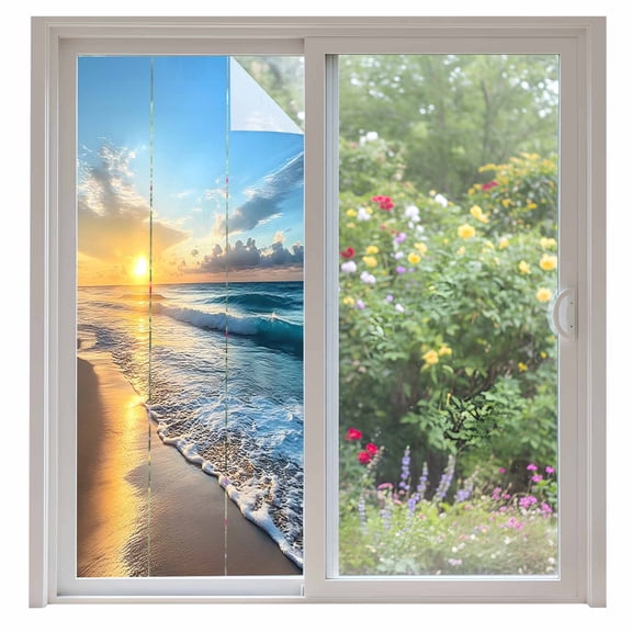 Summer Beach Window Privacy Film, Sunset Ocean Coastal Nautical Static Cling UV Sun Blocking Heat Control Window Tint Day and Night, Non-Adhesive Reusable One Way Windows Privacy Cover 35.4''x78.7''