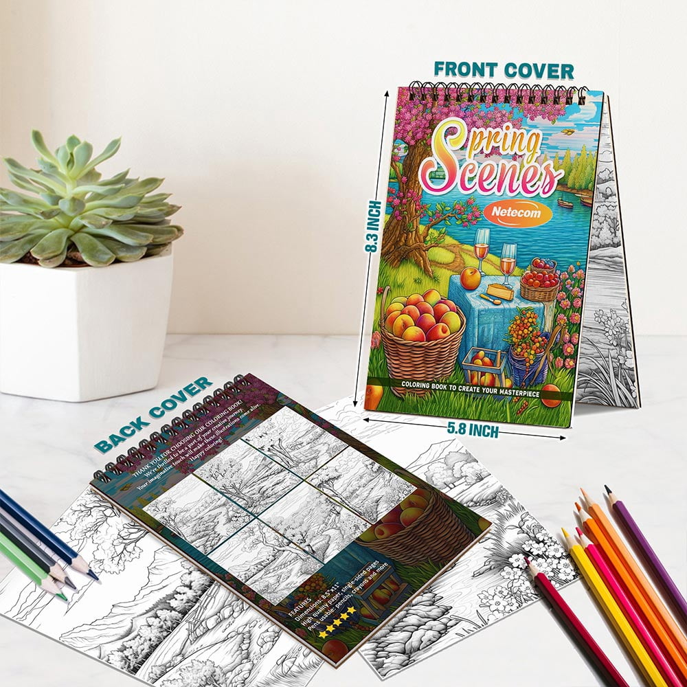 Netecom Spring Scenes Coloring Book Spiral Bound For Adults, A5 Wooden Cover, 30 Delightful Coloring Pages of Blooming Landscapes and Peaceful Gardens for Relaxation and Stress Relief