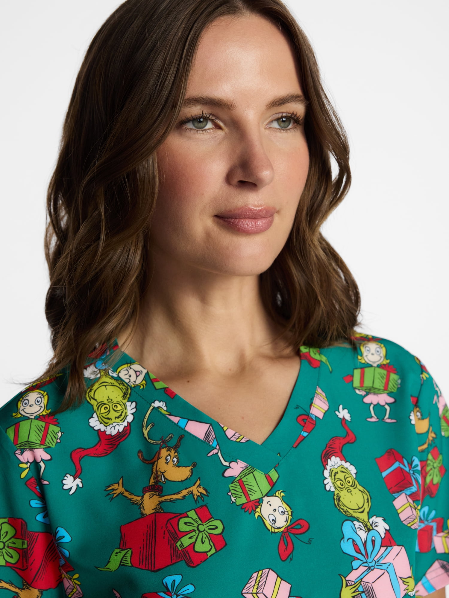Dr. Seuss The Grinch Women's Holiday Scrub Top with Short Sleeves, Sizes S-XXXL