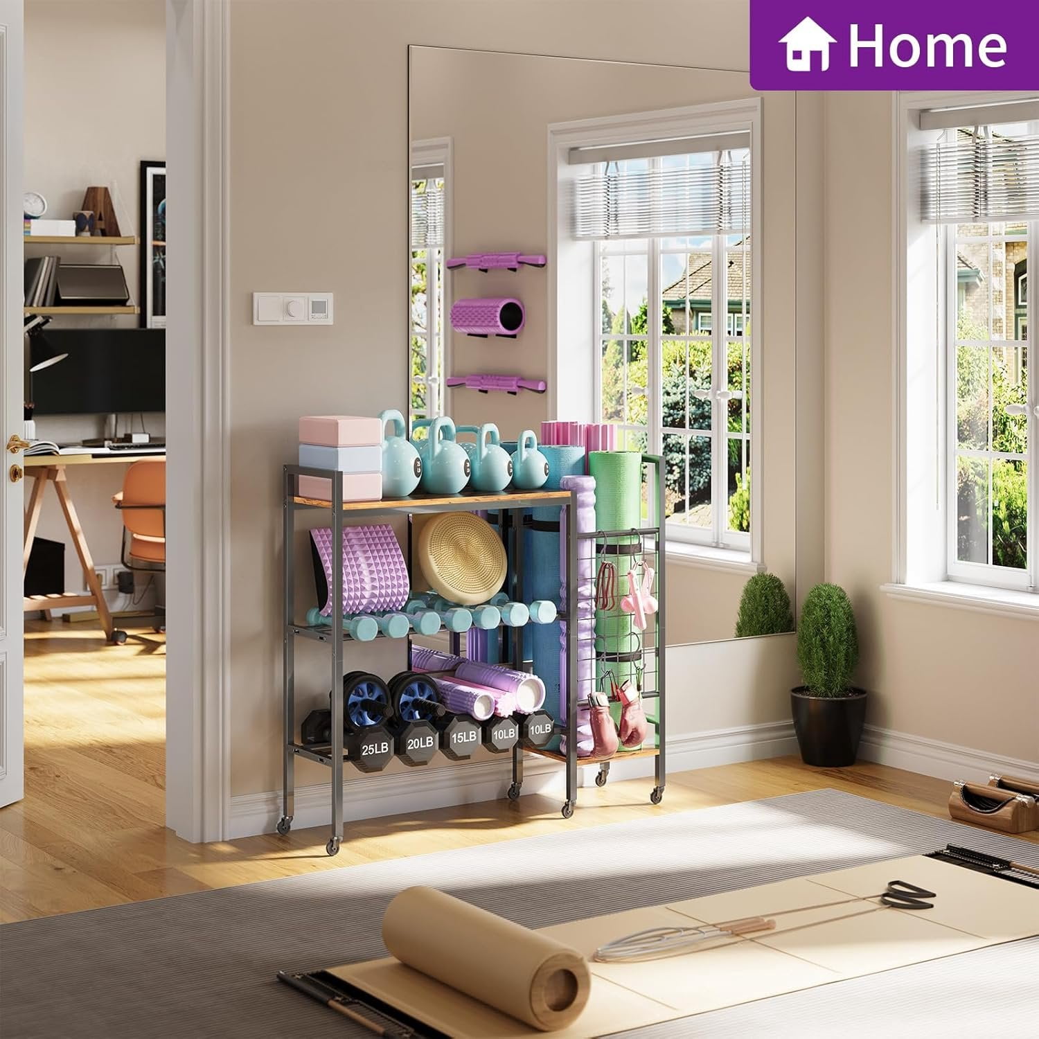 Dumbbell Rack, Gym Storage Rack, Weight Rack for  Gym, Dumbbells, Kettlebells, Yoga Mats &  Space-Saving  Gym Organizer