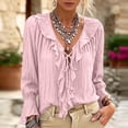 thumbnail image 5 of HaCpiu Women's Solid V-Neck Ruffle Blouse, Casual Loose Long Sleeve Tunic Shirt, Lightweight Flowy Tie-Front Top with Bell Cuffs, Pink XL, 5 of 5