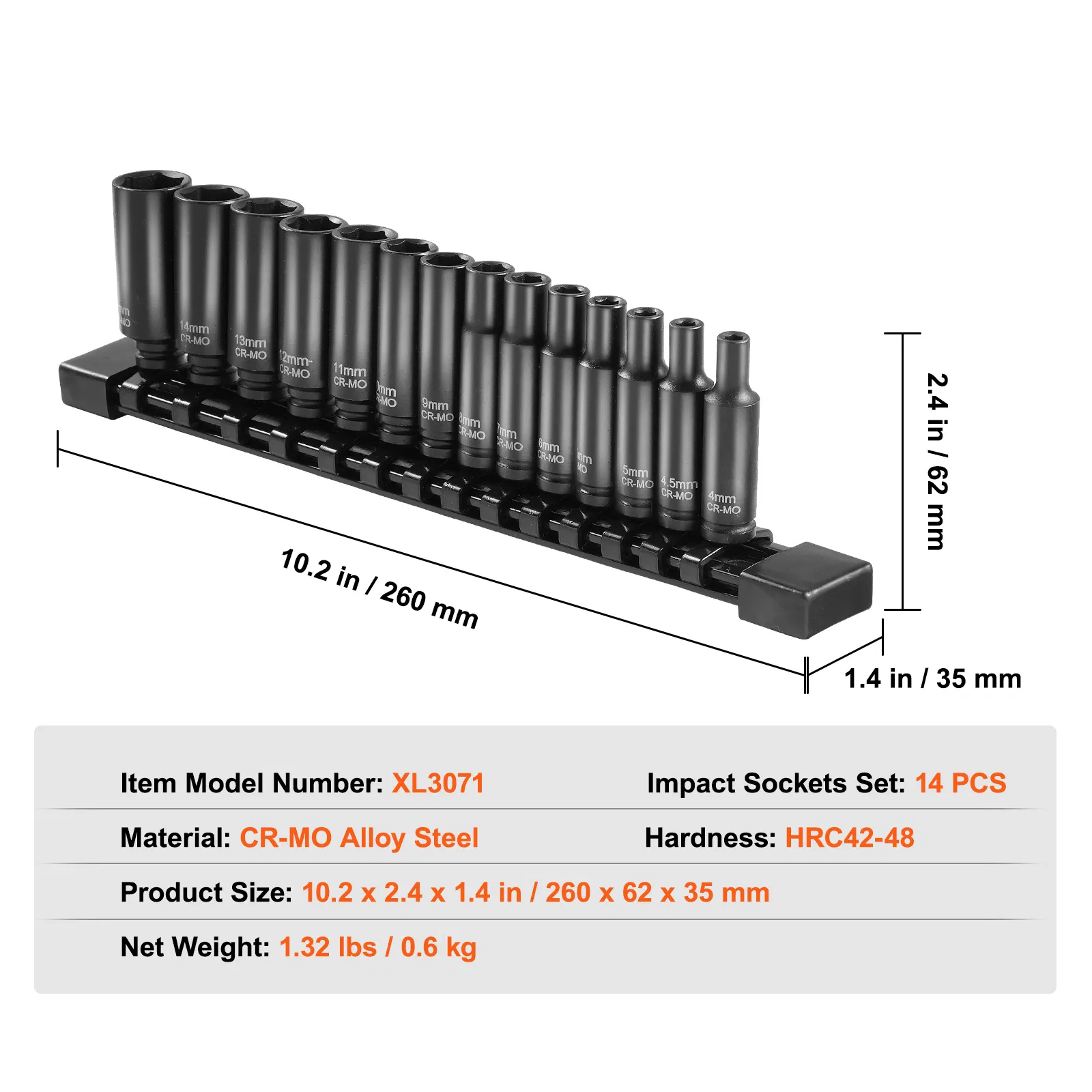 14-Piece Deep Impact Socket Set 1/4" Drive Metric 4-15mm,Durable Cr-Mo Alloy Steel,6 Point Design with Easy Size Markings and Organizer for Auto Repair