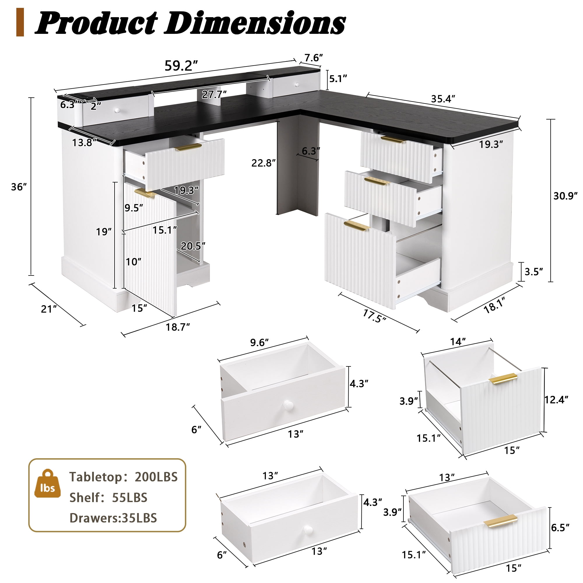 Mintazer 59" Modern Fluted L-Shaped Desk with Charging Station & Storage Drawers, Computer Desk with Monitor Stand & File Drawer for Study Living Room Home Office, White