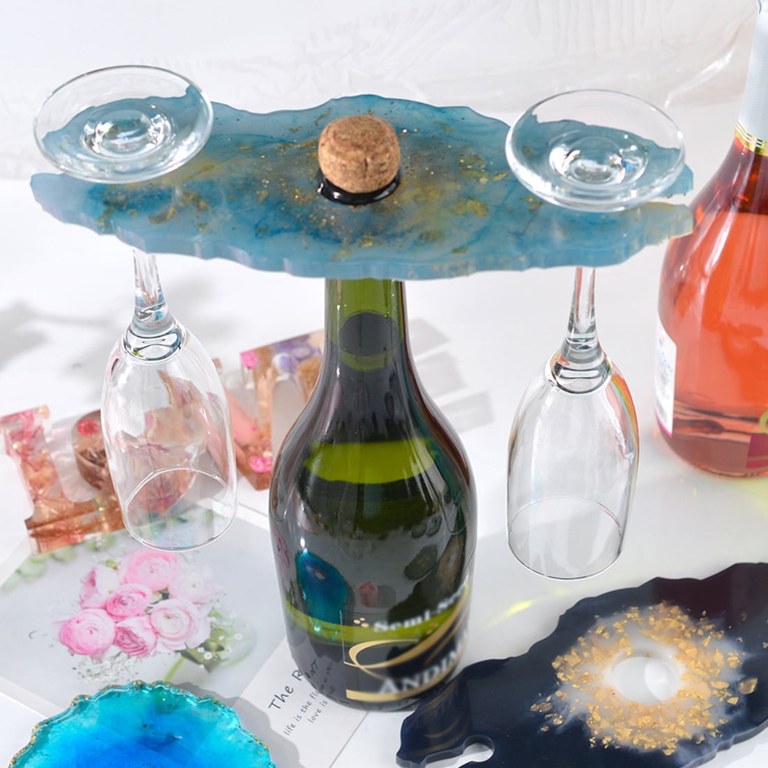 DIY Wine Glass Holder Resin Mold - Creative Craft Kit with Coaster Molds & Metallic Flakes for Unique Home Decor
