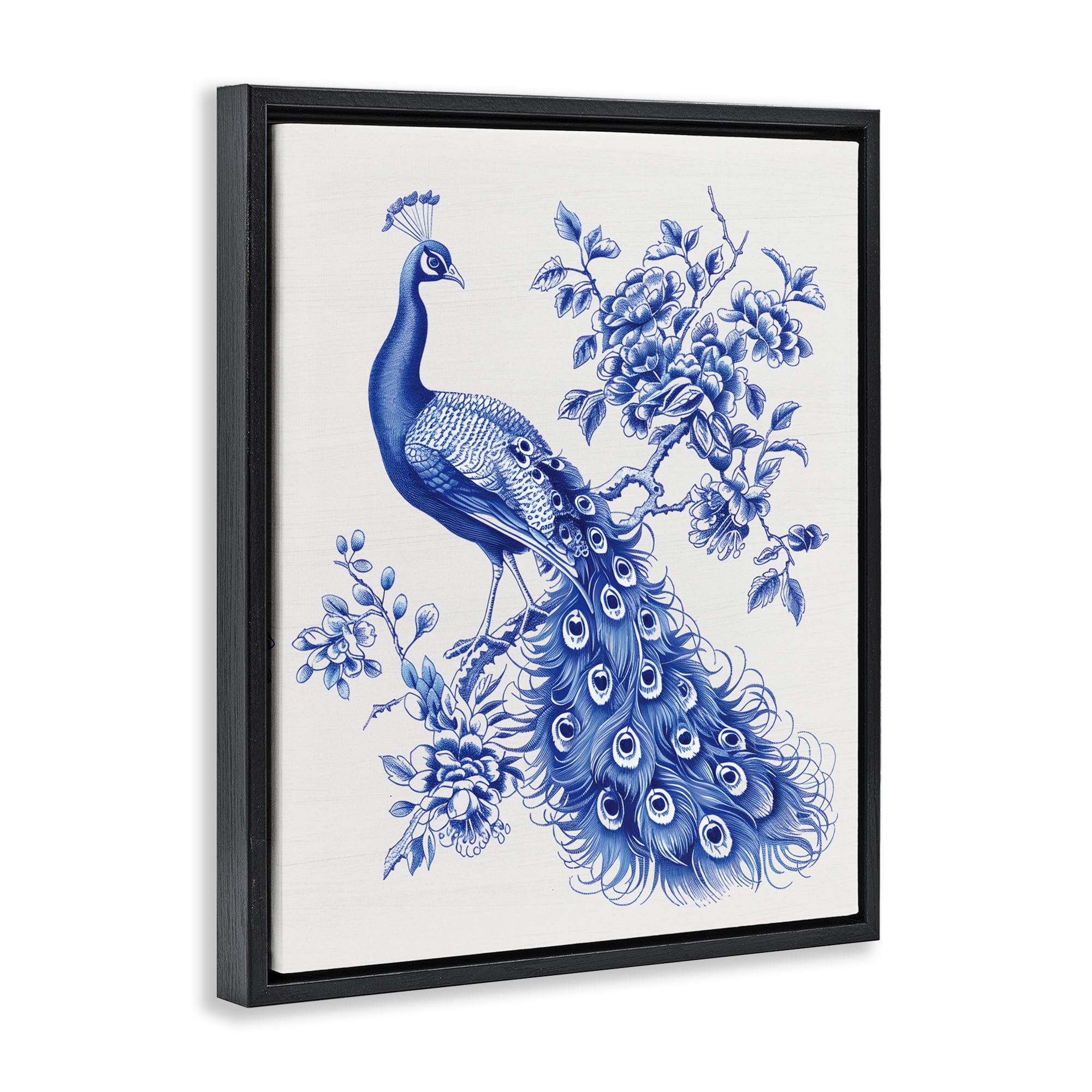 Vintage Peacock in Toile Style Black Framed Floater Canvas Wall Art, design by Lettered and Lined