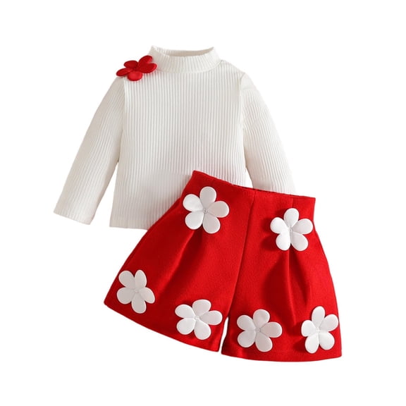 xaoyunyn Toddler Girls Pleat Skirt Set with Floral Applique High Neck Long Sleeve Tops Fall Winter 2 Piece Outfits 6M-3 Years