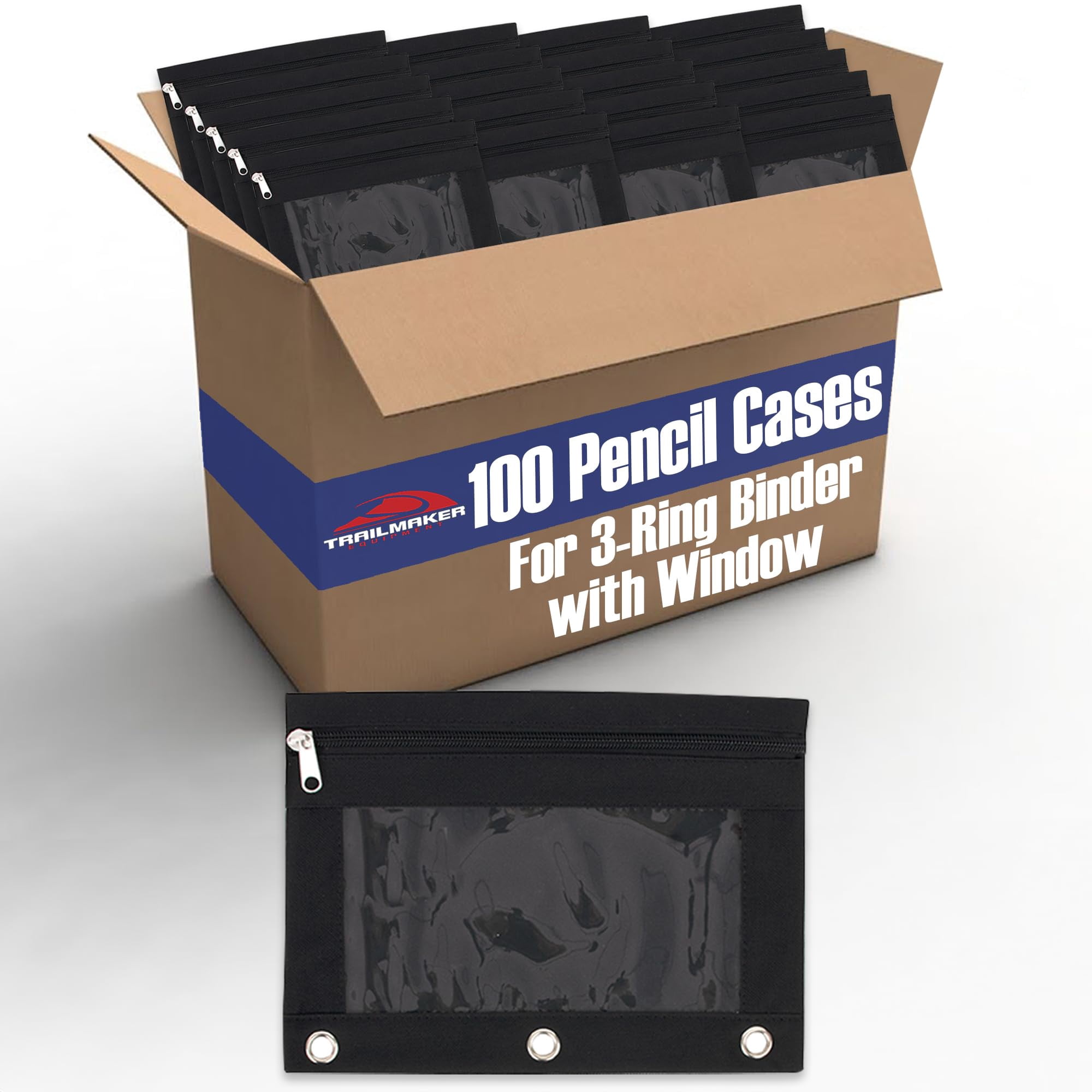 100 Pack of Bulk Wholesale 3 Ring Binder Clear Window Zippered Pencil Cases for Pens, Pencils, Markers, Scissors, Sharpeners, Erasers, Students and Classrooms in Black