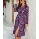 thumbnail image 3 of Vestido cruzado con cuello en V para mujer, manga larga, estampado elástico, cintura alta, dobladillo dividido, vestido elegante púrpura XL, 3 of 7
