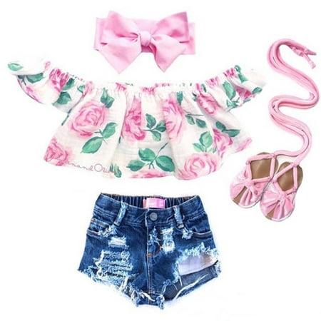 2PCS Toddler Kids Baby Girls Clothes Outfit Floral Off Shoulder Tops+Denim Shorts Set 6-12 Months