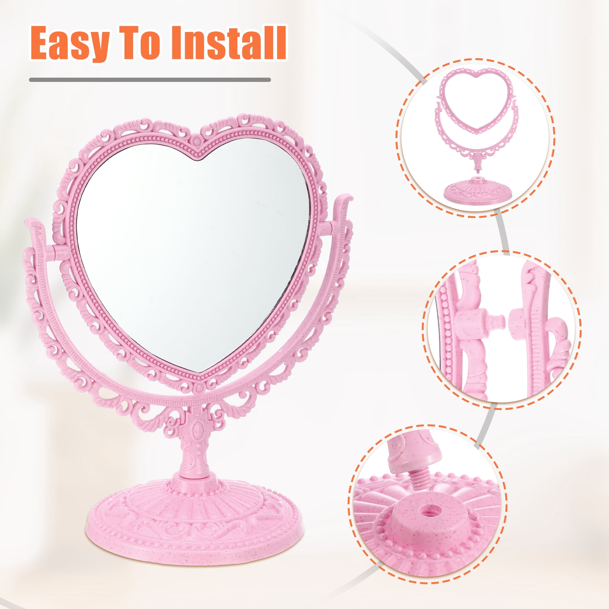 Unique Bargains Love Heart Shaped Double Sided 360° Rotating Makeup Mirror 1 Pc Pink
