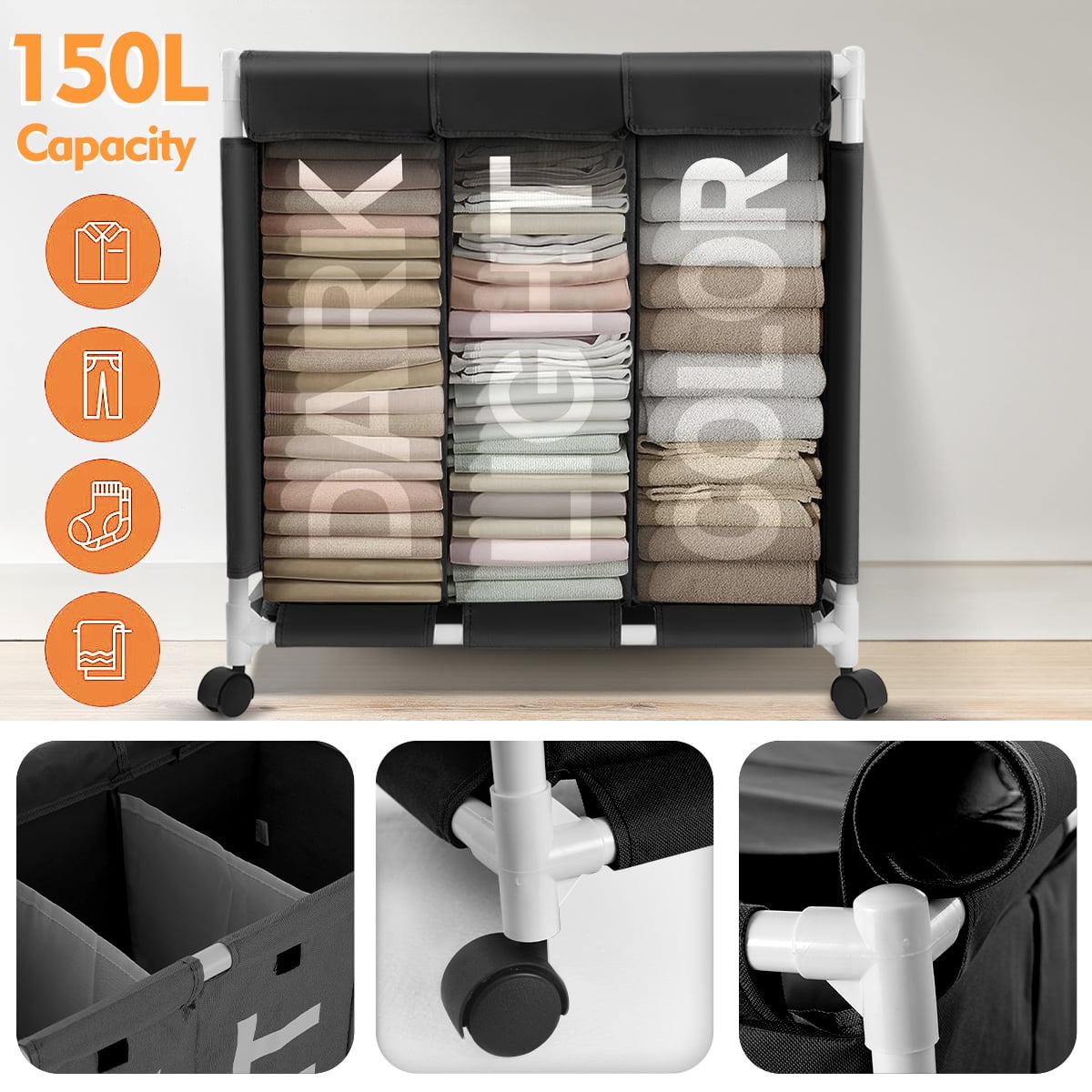 Laundry Hamper,Laundry Basket with Wheels and Lids,Brochao 150L 3 Section Laundry Sorter Cart,Laundry Bag for Clothes Toys Storage,Black