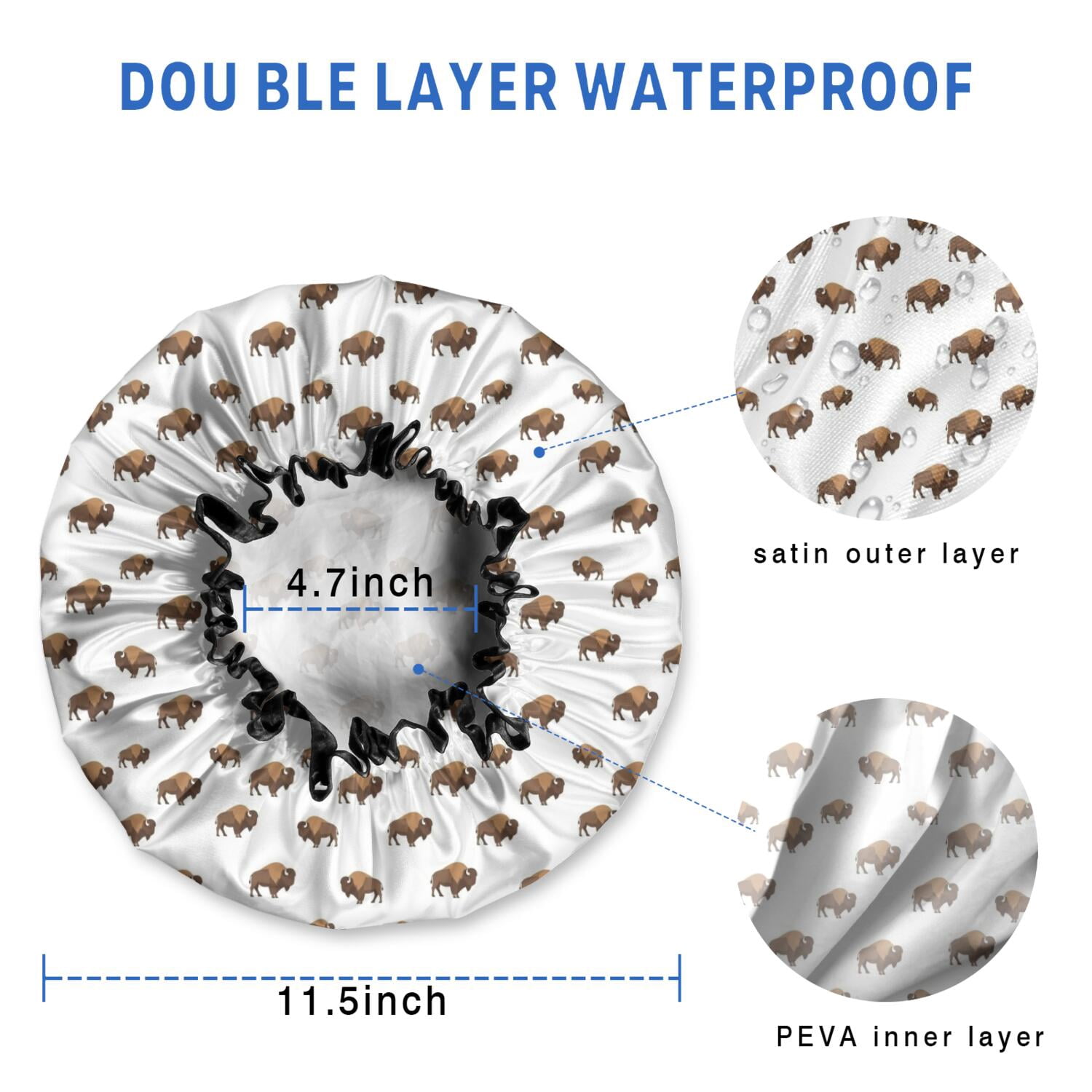 Shower Caps,White Buffalo Pattern Waterproof Shower Cap for Women 4 Pieces,Double Reusable Hair Cover for Shower PEVA Elastic Stretch Hem