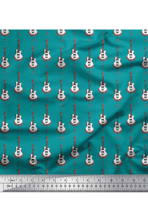Viscose Chiffon Fabric Notes & Guitar Musical Instrument Printed Fabric 1 Yard 42 Inch Wide