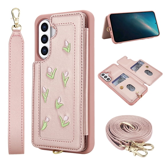 Flower Colored Knit Pattern Wallet Case for Samsung Galaxy A35, Elegant PU Leather Card Slots Kickstand Handstrap Crossbody Strap Heavy Duty Protective Magnetic Clasp Rugged Flip Cover, Rosegold