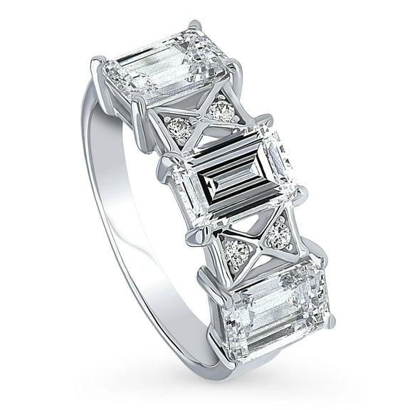 BERRICLE Sterling Silver 3-Stone Emerald Cut Cubic Zirconia CZ Statement Vintage Inspired Art Deco Fashion Ring for Women, Rhodium Plated 3 Carat Size 7.5
