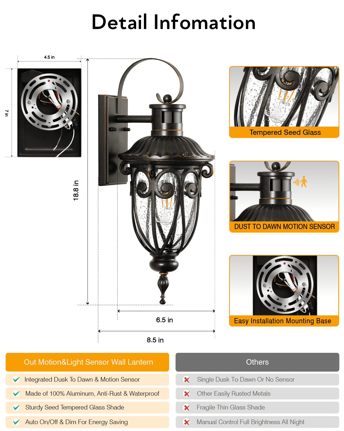 VIANIS Motion Sensor Outdoor Lights, Motion Lights for Outside Dusk to Dawn, Waterproof Porch Lights Outdoor, Oil Rubbed Bronze Exterior Lighting Fixtures for House, Porch, Garage, Doorway