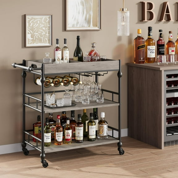 Studyset Bar Cart,Bar Carts for The Home,3 Tier Bar Cart with Wheels,Portable Home Bar & Serving Carts,Rolling Cart with Wine Rack and Removable Tray,Industrial Serving Cart for Kitchen,Dining Room