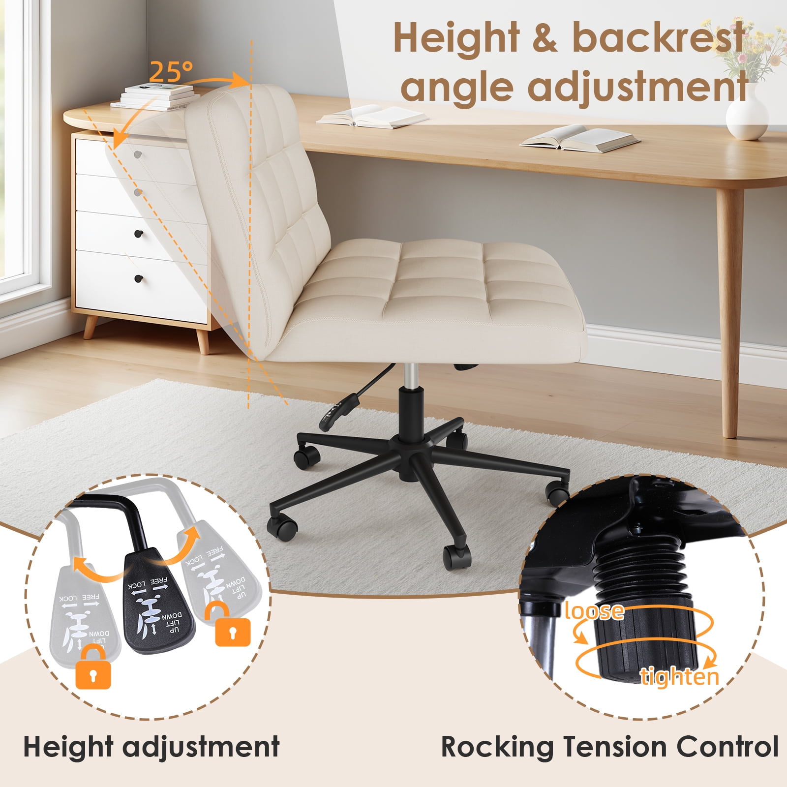 Arlopu Swivel Criss Cross Legged Chair with Wheels, Height Adjustable, Armless Home Office Chair with Comfy Wide Cushion for Home, Office, Vanity